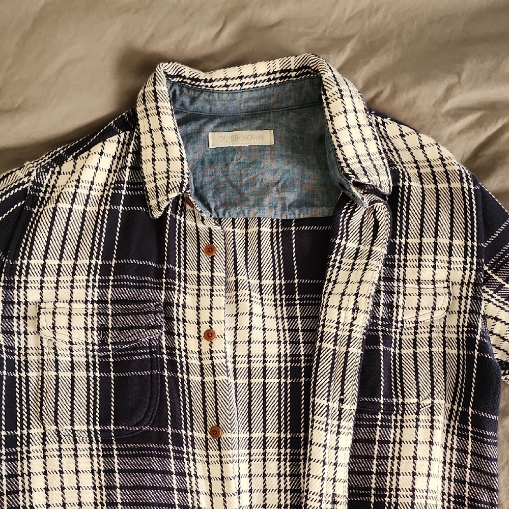 Outerknown Navy and White Plaid Button Down Shirt